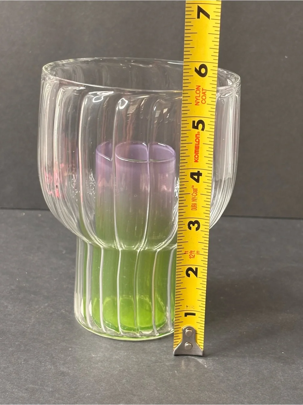 Anthropologie Lucia Neon Glass Vase Fluted Clear Outer Green & Purple Inside NWT